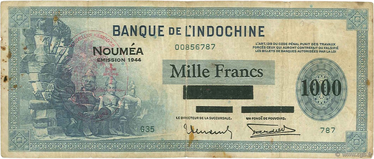 1000 Francs NUOVE EBRIDI  1945 P.13 MB