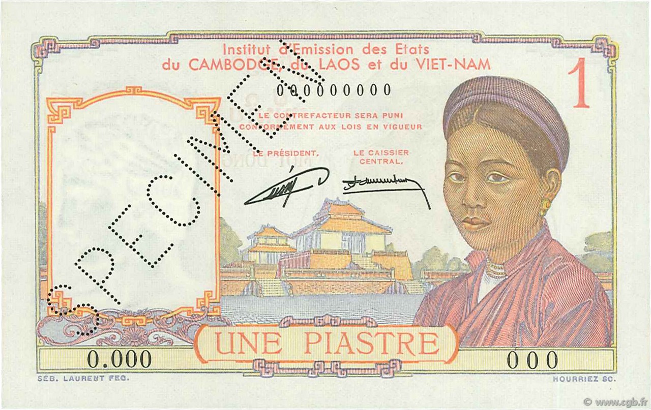 1 Piastre Spécimen INDOCINA FRANCESE  1953 P.092s q.FDC