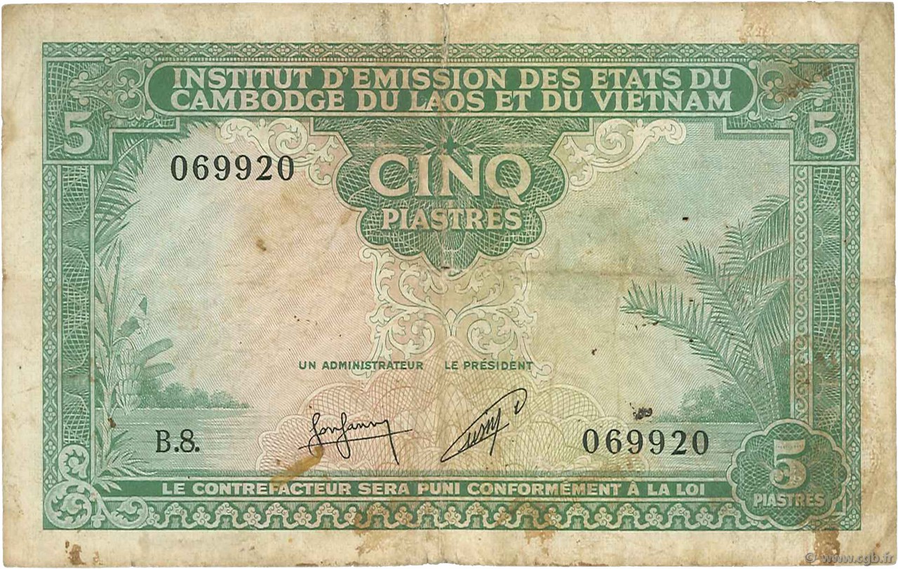 5 Piastres - 5 Riels FRENCH INDOCHINA  1953 P.095 VG