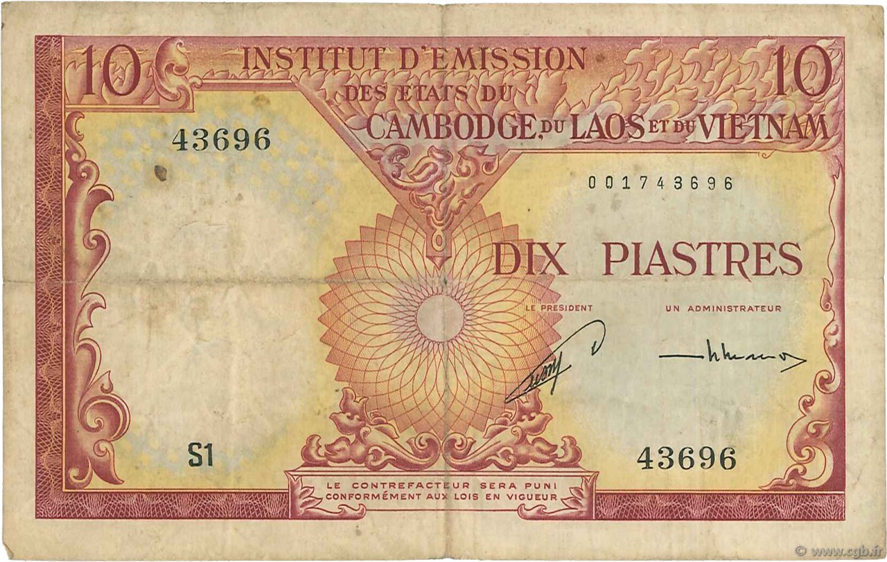 10 Piastres - 10 Riels INDOCINA FRANCESE  1953 P.096a MB