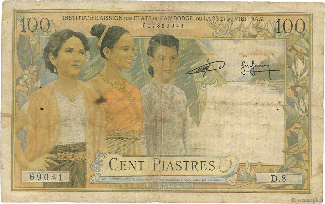 100 Piastres - 100 Riels INDOCINA FRANCESE  1954 P.097 q.B