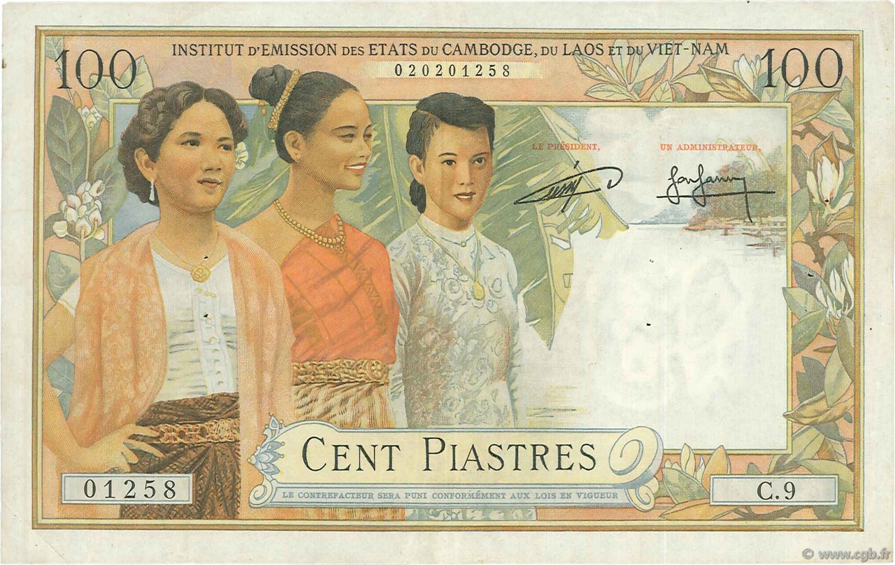 100 Piastres - 100 Riels FRENCH INDOCHINA  1954 P.097 VF+