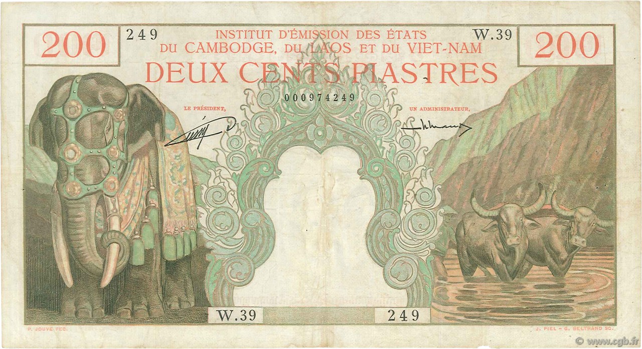 200 Piastres - 200 Riels INDOCINA FRANCESE  1953 P.098 q.BB