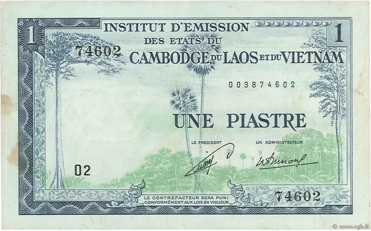 1 Piastre - 1 Kip INDOCINA FRANCESE  1954 P.100 BB