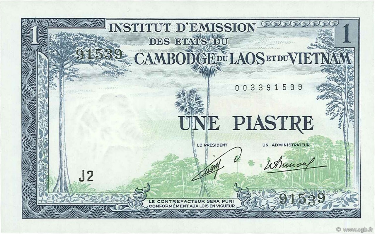 1 Piastre - 1 Kip INDOCHINA  1954 P.100 FDC