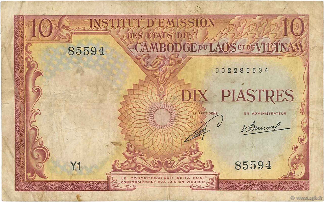 10 Piastres - 10 Kip FRANZÖSISCHE-INDOCHINA  1953 P.102 SGE