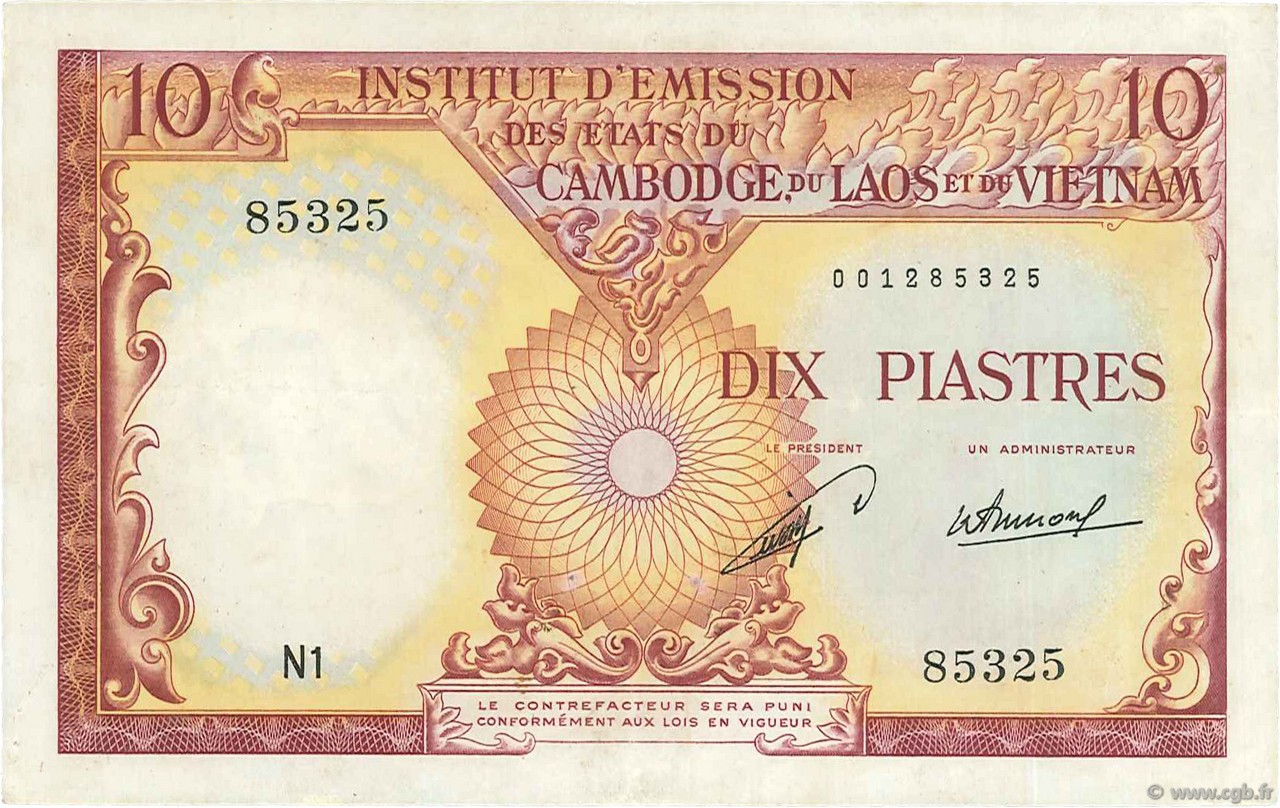 10 Piastres - 10 Kip FRANZÖSISCHE-INDOCHINA  1953 P.102 SS