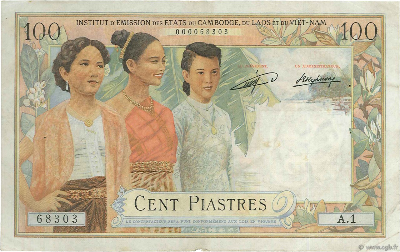 100 Piastres - 100 Kip FRANZÖSISCHE-INDOCHINA  1954 P.103 fSS
