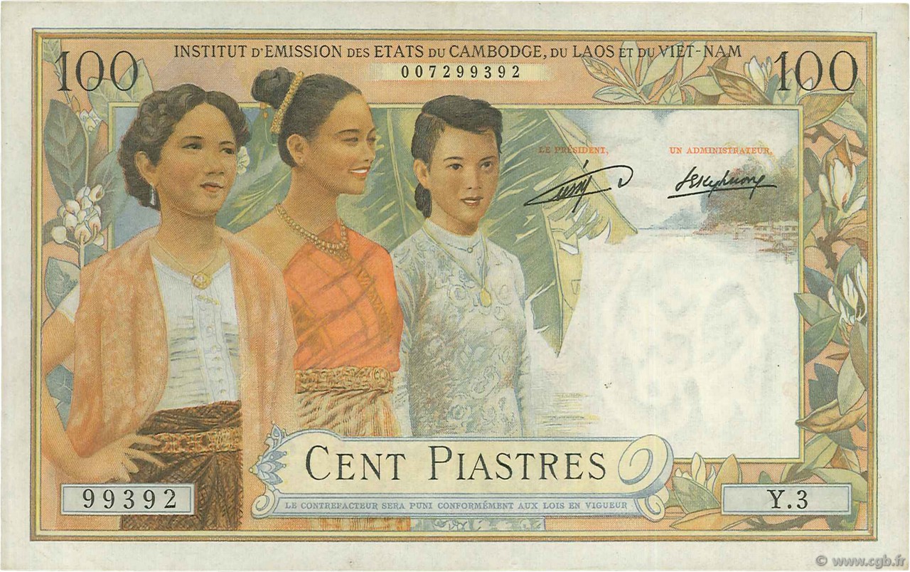 100 Piastres - 100 Kip INDOCHINA  1954 P.103 MBC a EBC