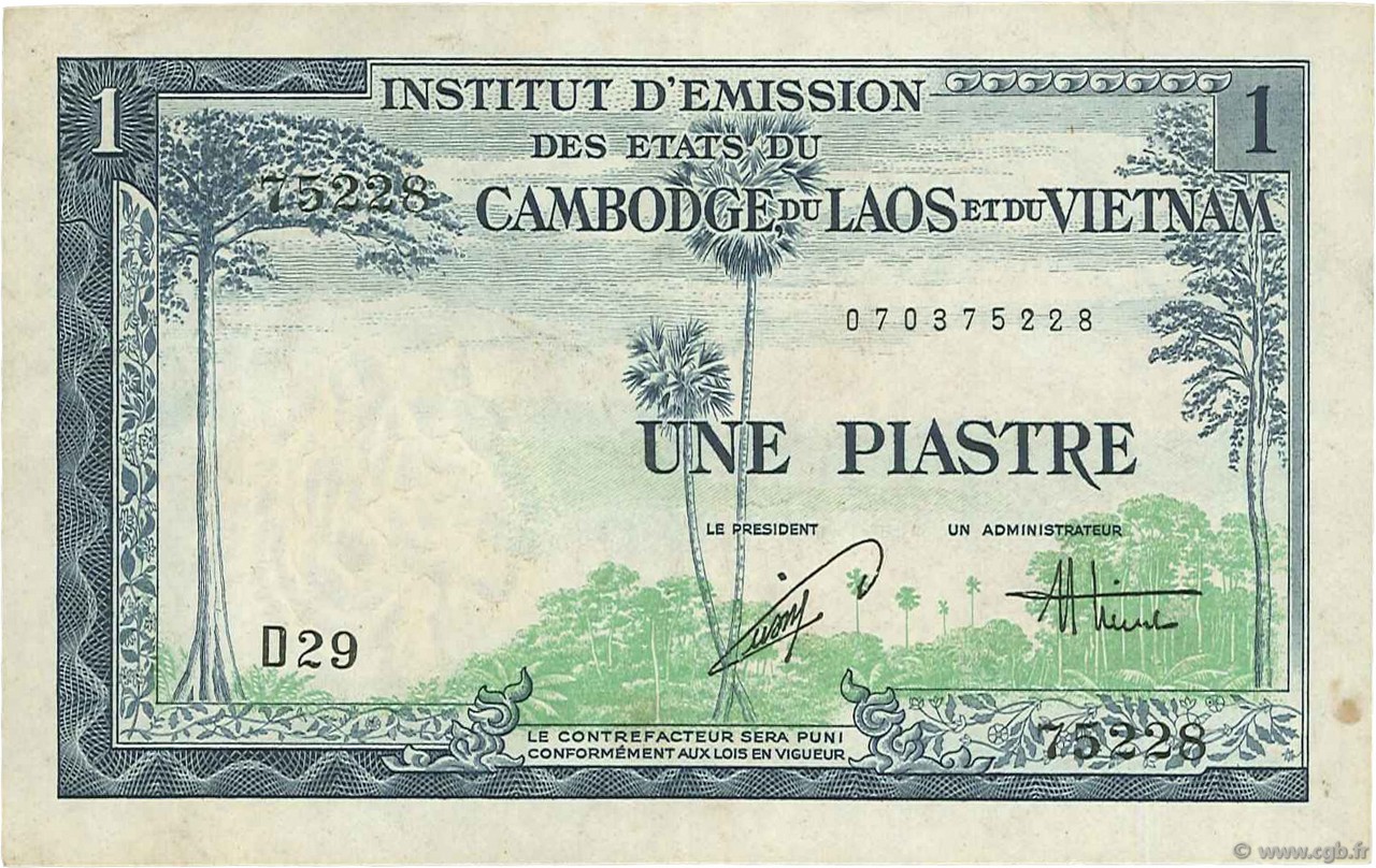 1 Piastre - 1 Dong FRENCH INDOCHINA  1954 P.105 VF