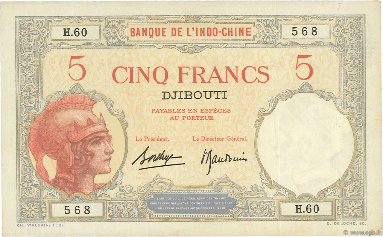 5 Francs DJIBUTI  1936 P.06b SPL