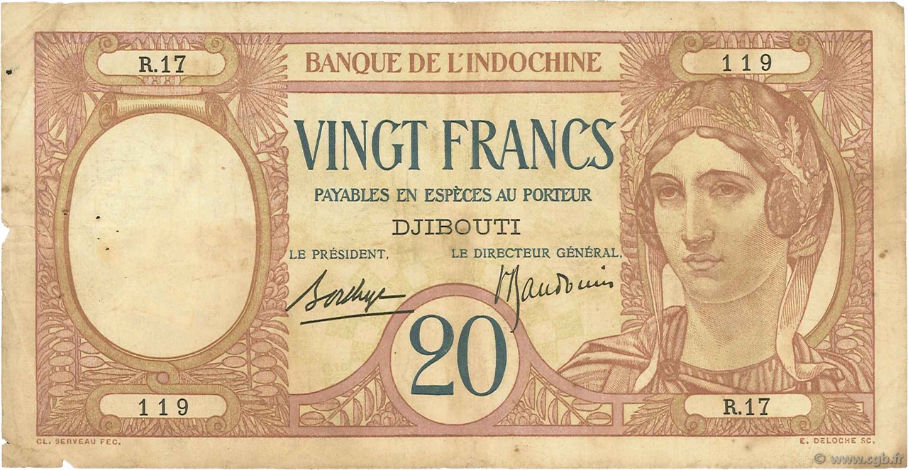 20 Francs DJIBOUTI  1936 P.07a VG