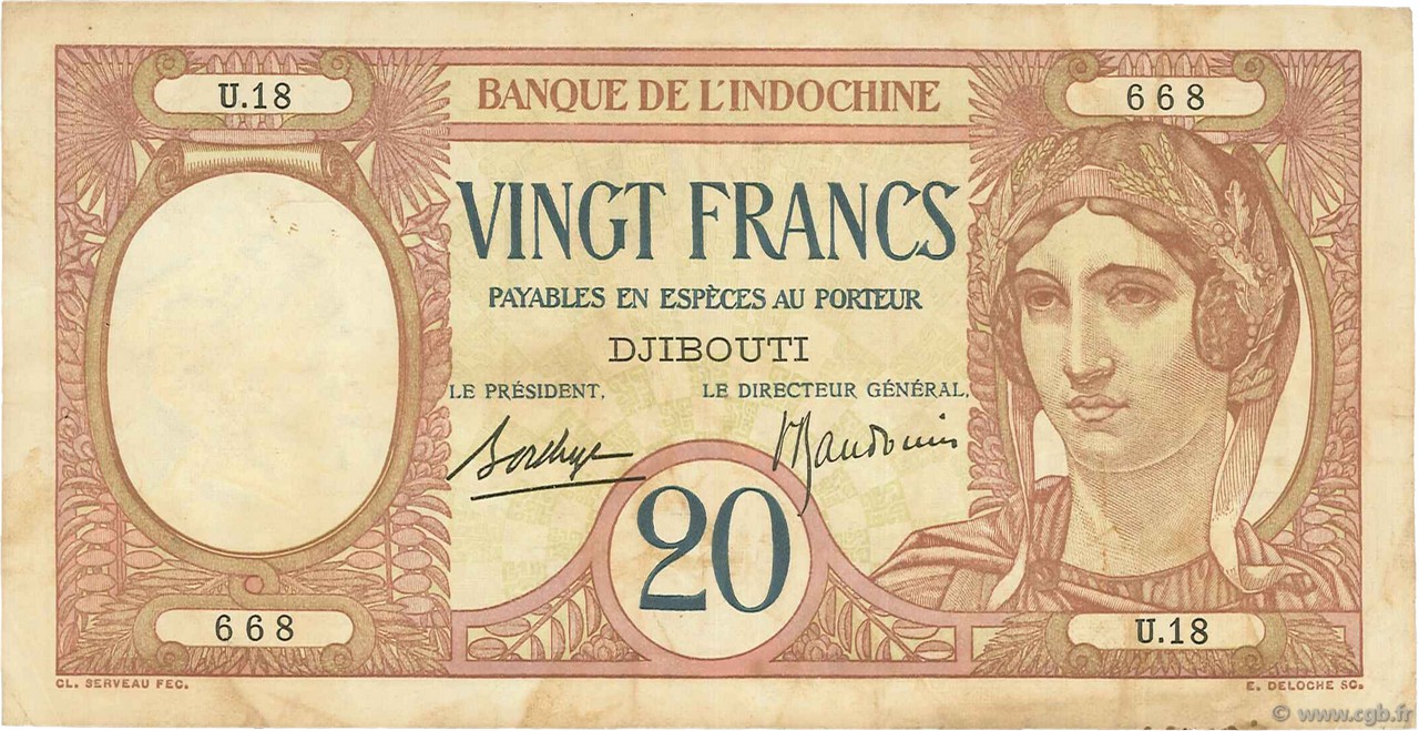 20 Francs DJIBOUTI  1936 P.07a VF-