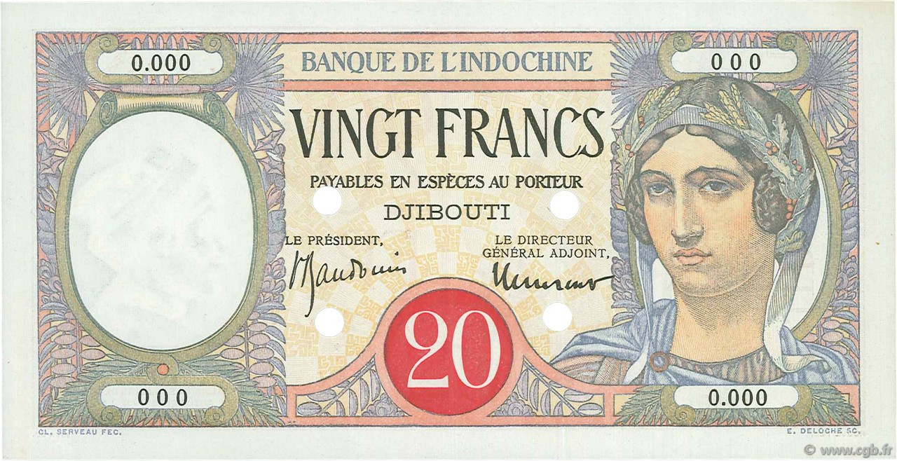 20 Francs Spécimen DSCHIBUTI   1941 P.07Bs ST