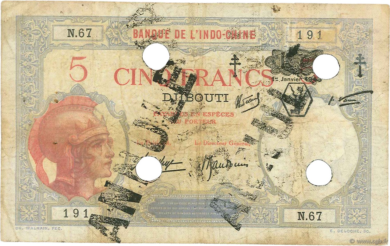 5 Francs Annulé DSCHIBUTI   1943 P.11 fS
