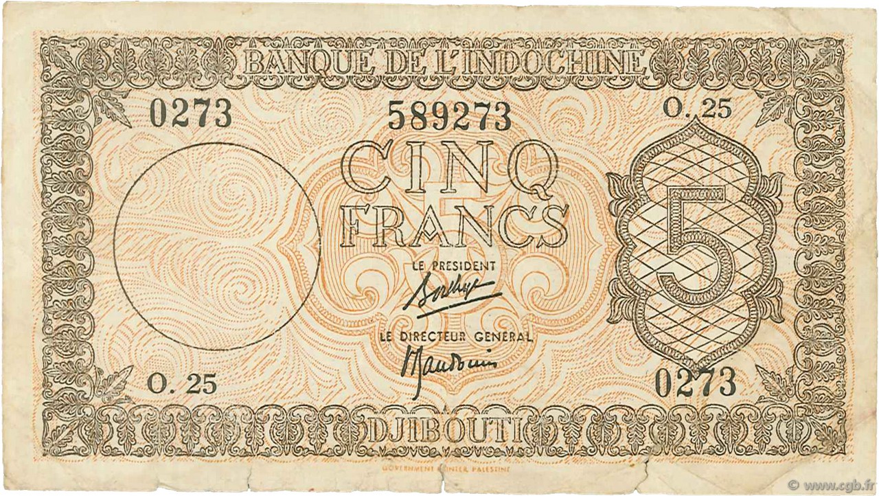 5 Francs Palestine DJIBOUTI  1945 P.14 F
