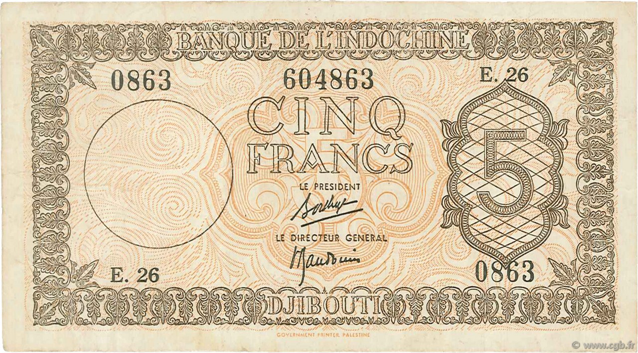 5 Francs Palestine DJIBOUTI  1945 P.14 F+