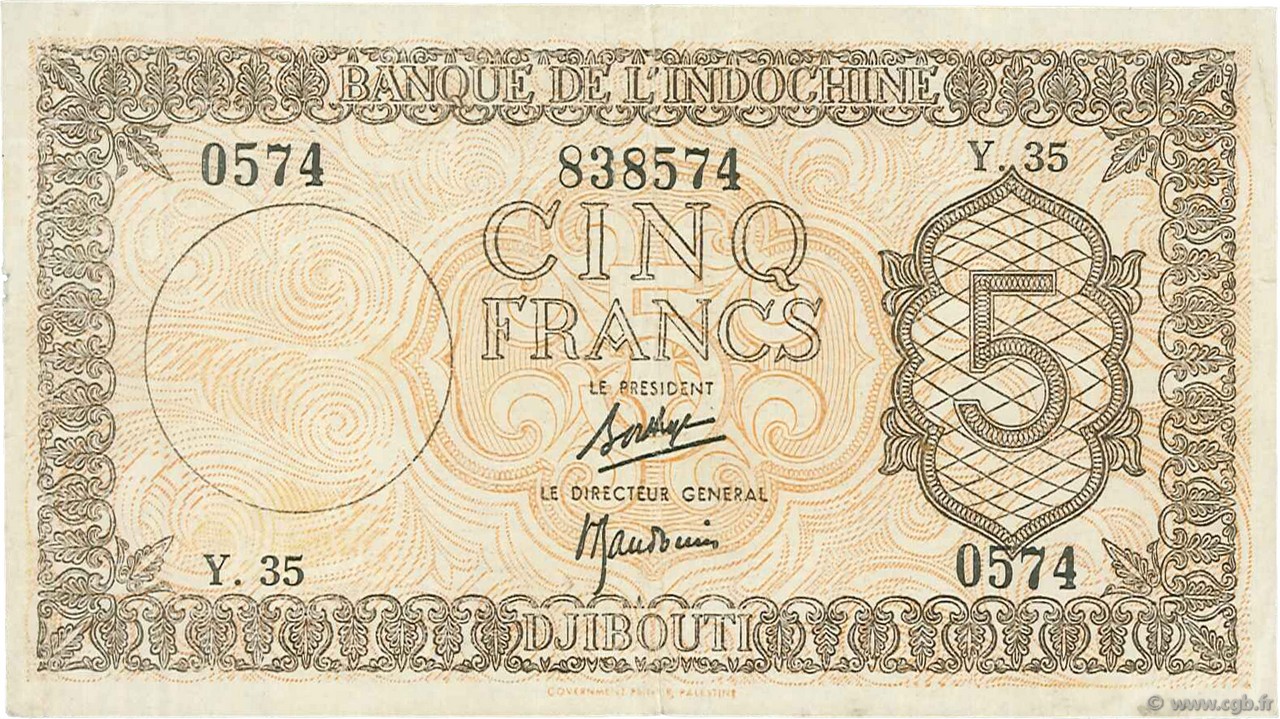 5 Francs Palestine DJIBOUTI  1945 P.14 VF