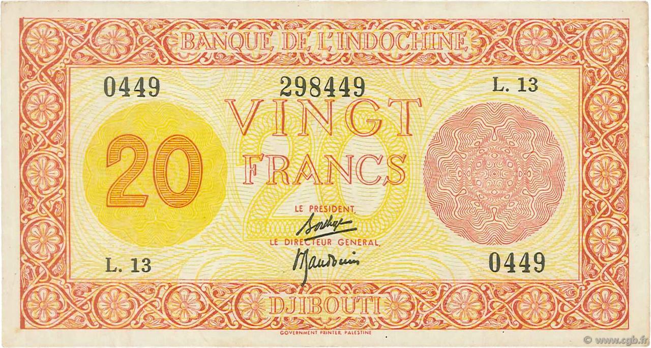 20 Francs Palestine DJIBUTI  1945 P.15 q.SPL