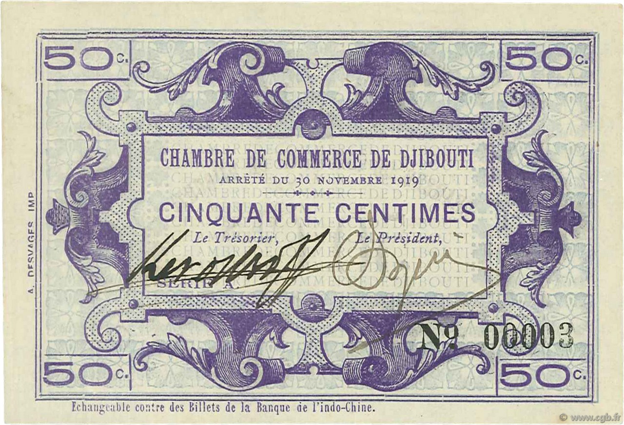 50 Centimes DJIBOUTI  1919 P.23 AU