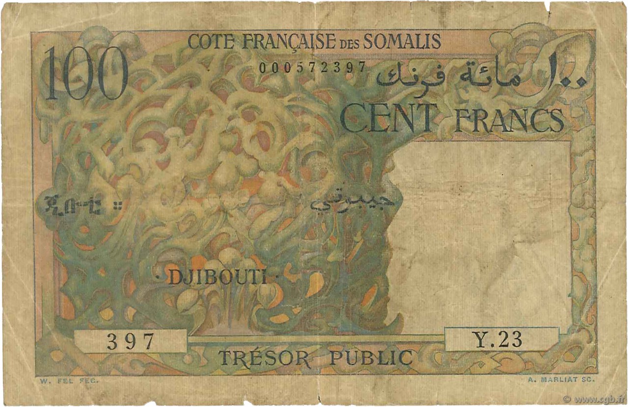 100 Francs DJIBUTI  1952 P.26 q.B