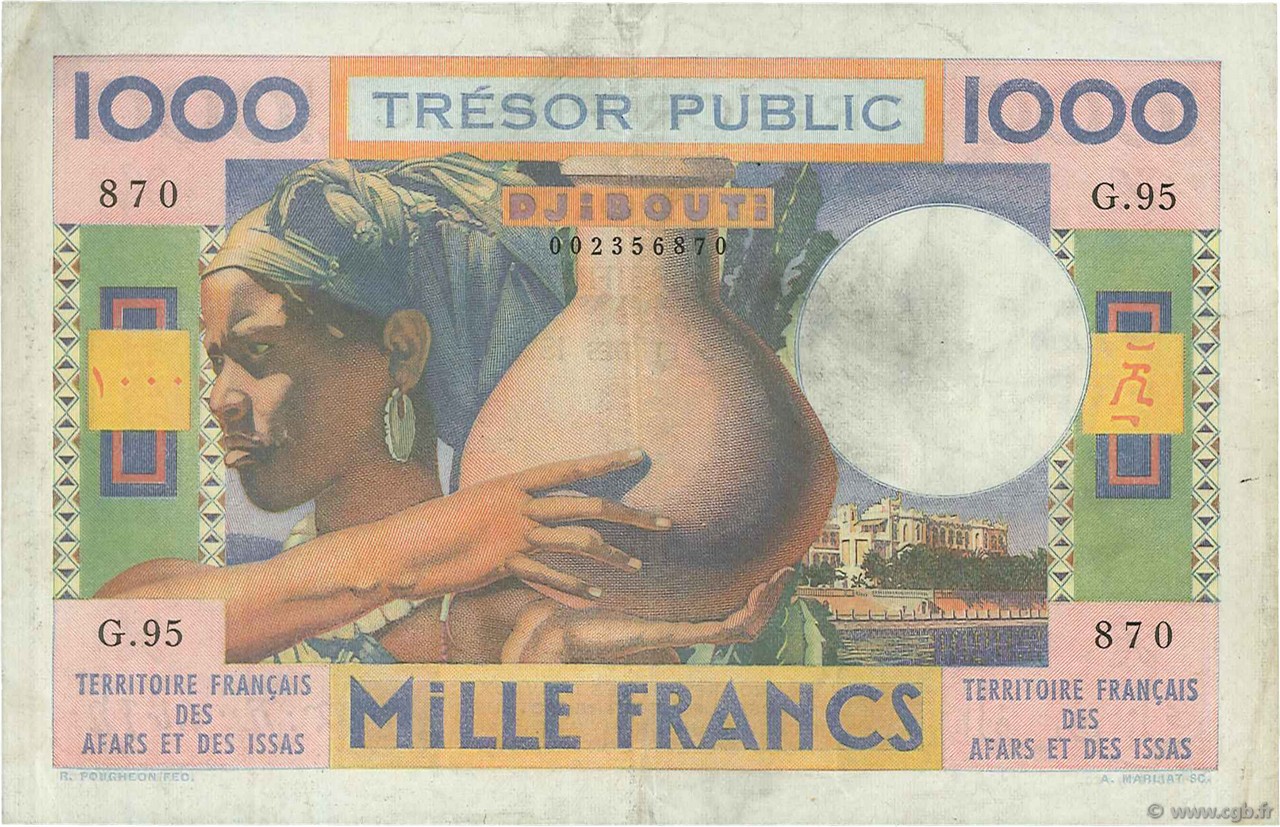1000 Francs FRENCH AFARS AND ISSAS  1974 P.32 VF