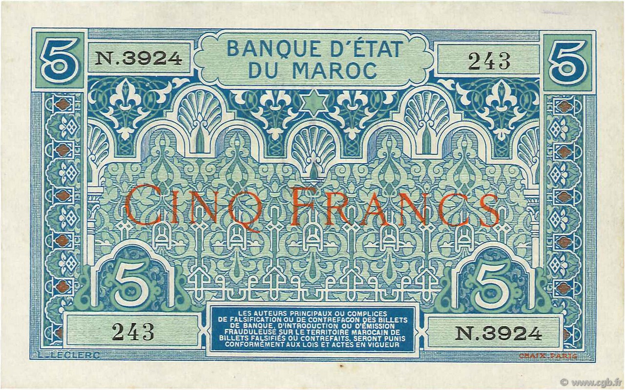 5 Francs MAROCCO  1924 P.09 SPL+