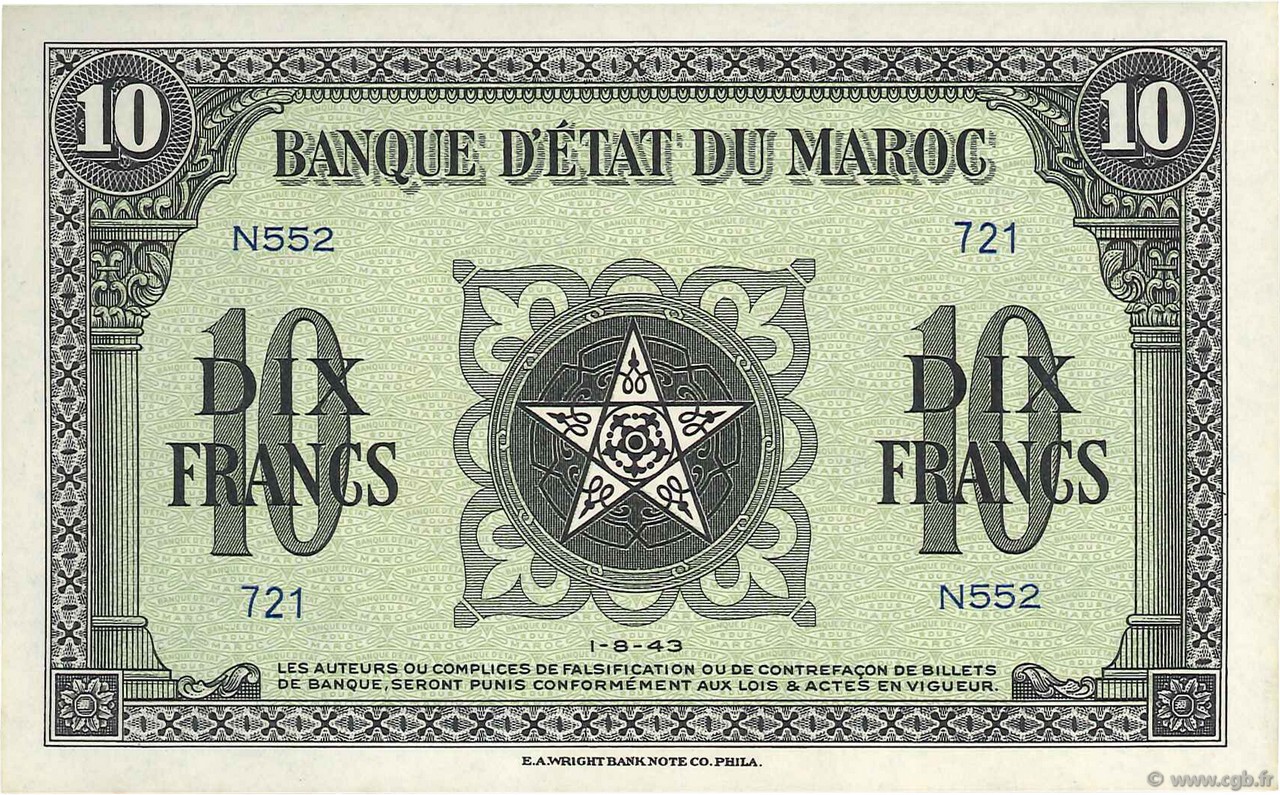 10 Francs MARUECOS  1943 P.25 SC+