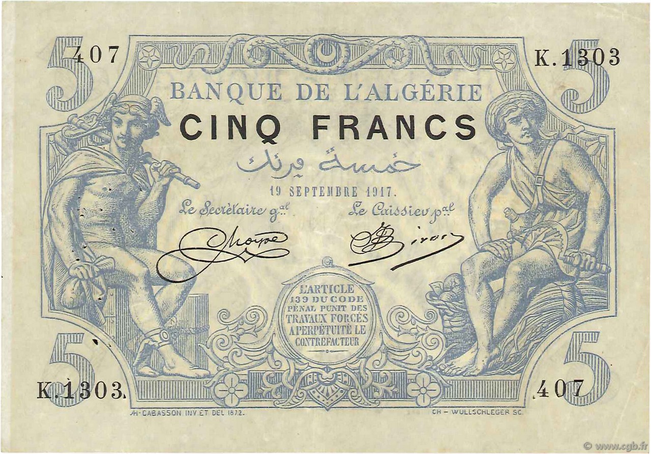 5 Francs ALGERIA  1917 P.071b q.SPL