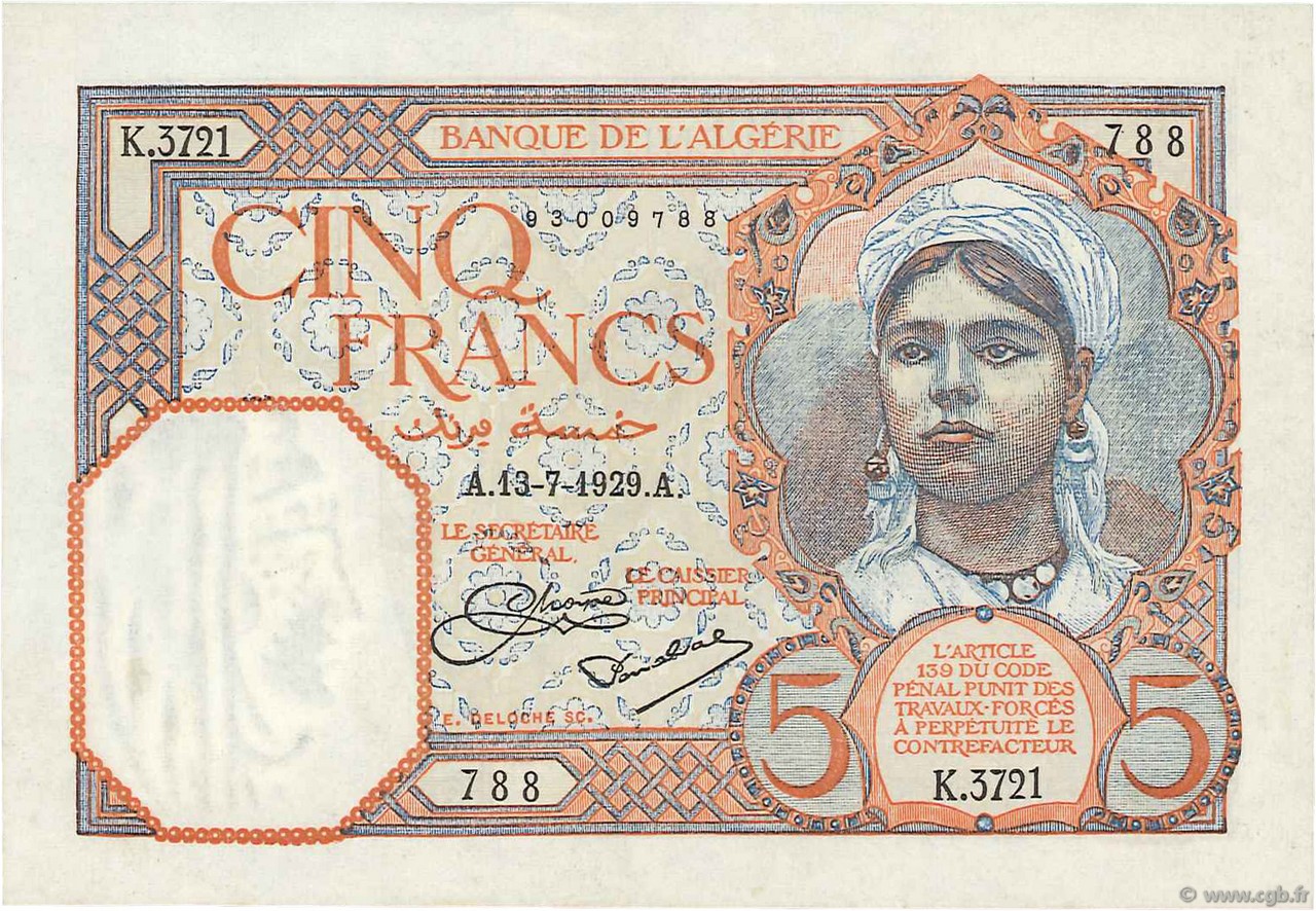 5 Francs ARGELIA  1929 P.077a EBC