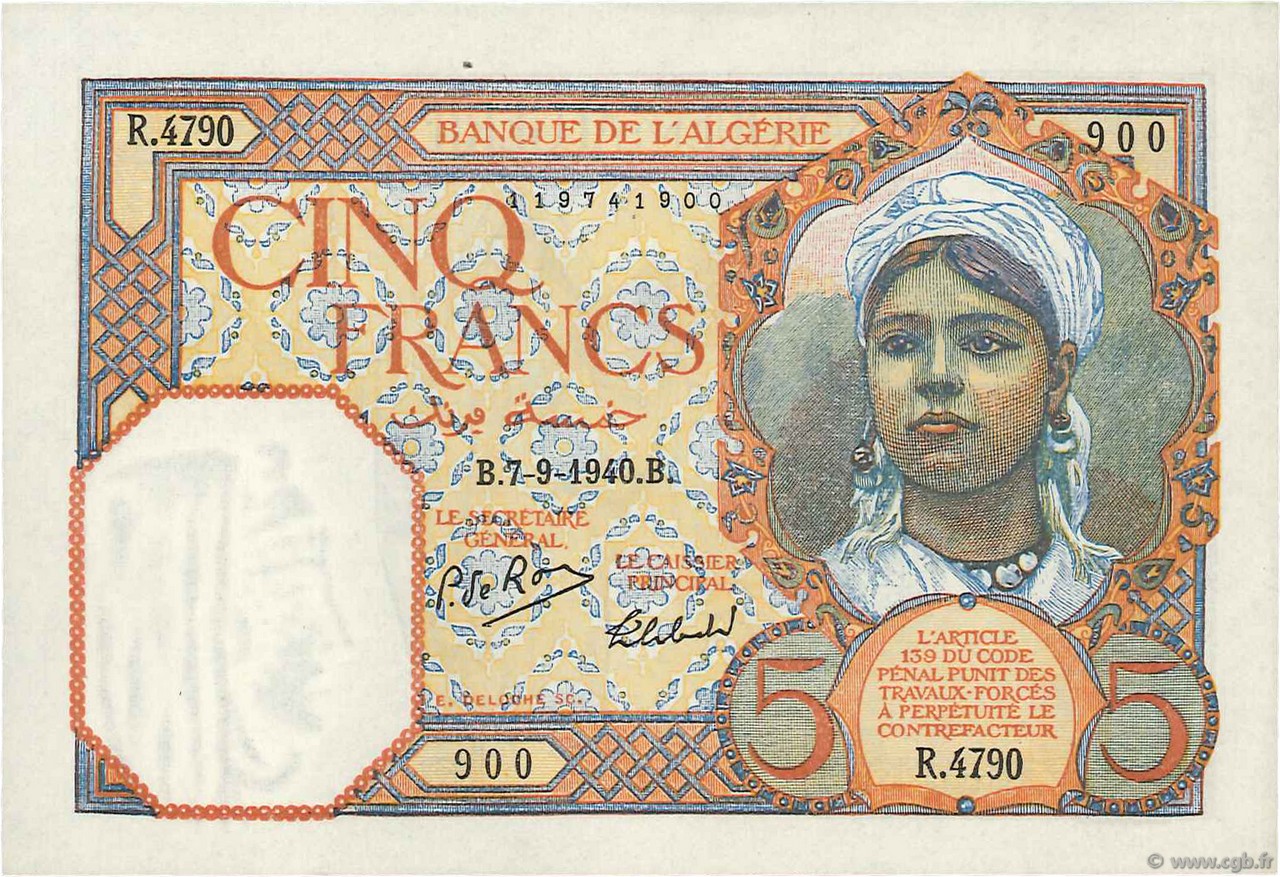 5 Francs ARGELIA  1940 P.077a SC