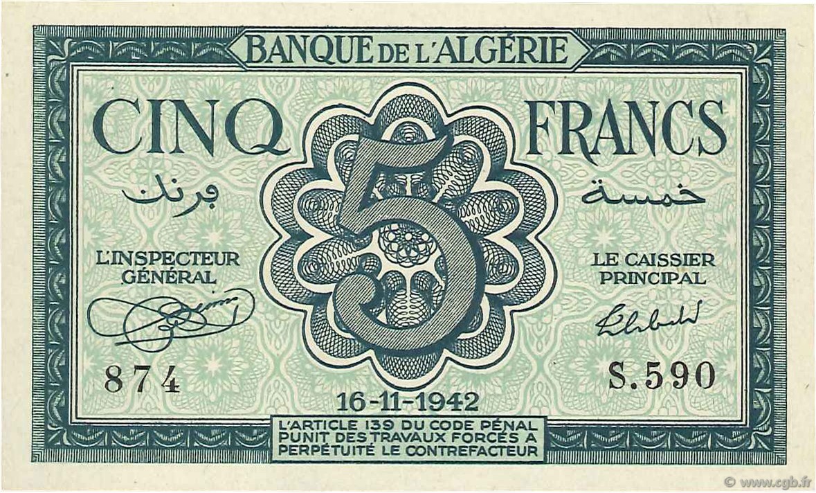 5 Francs ALGÉRIE  1942 P.091 pr.NEUF
