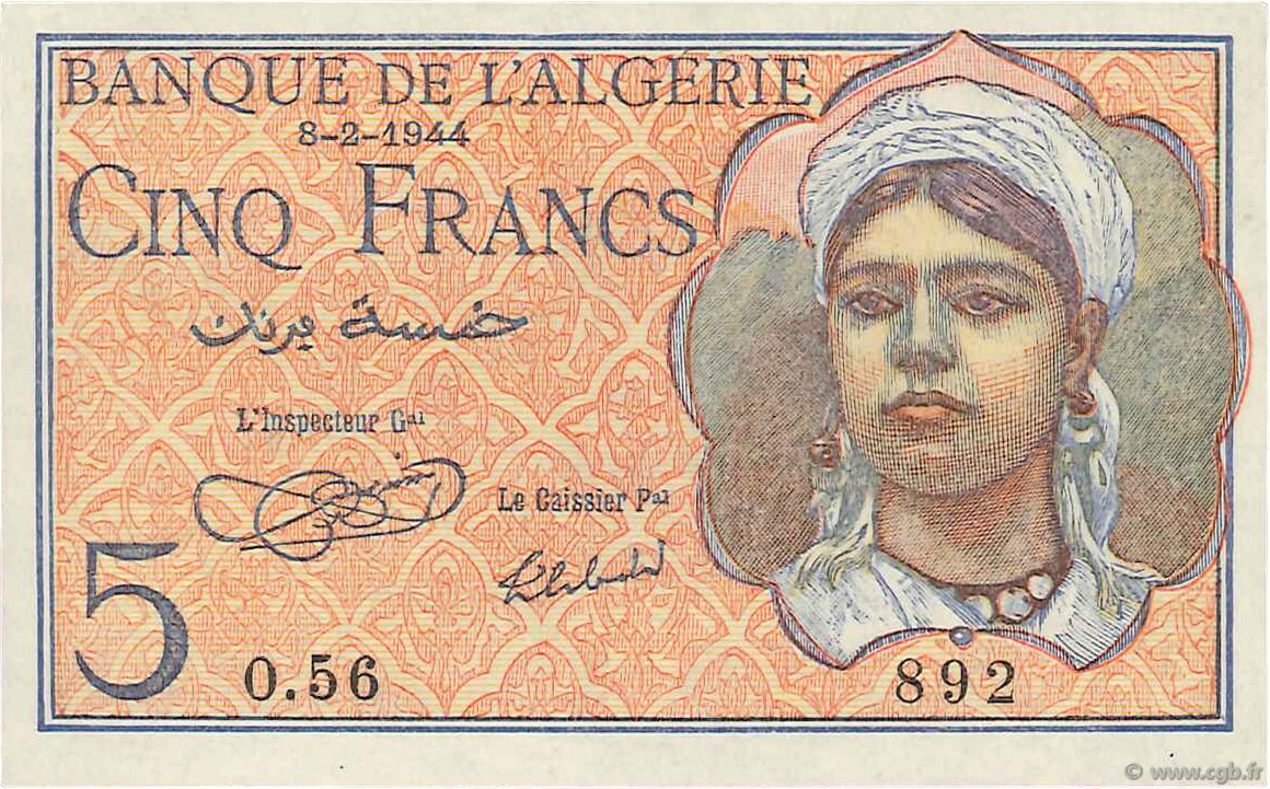 5 Francs ALGERIA  1944 P.094a UNC-