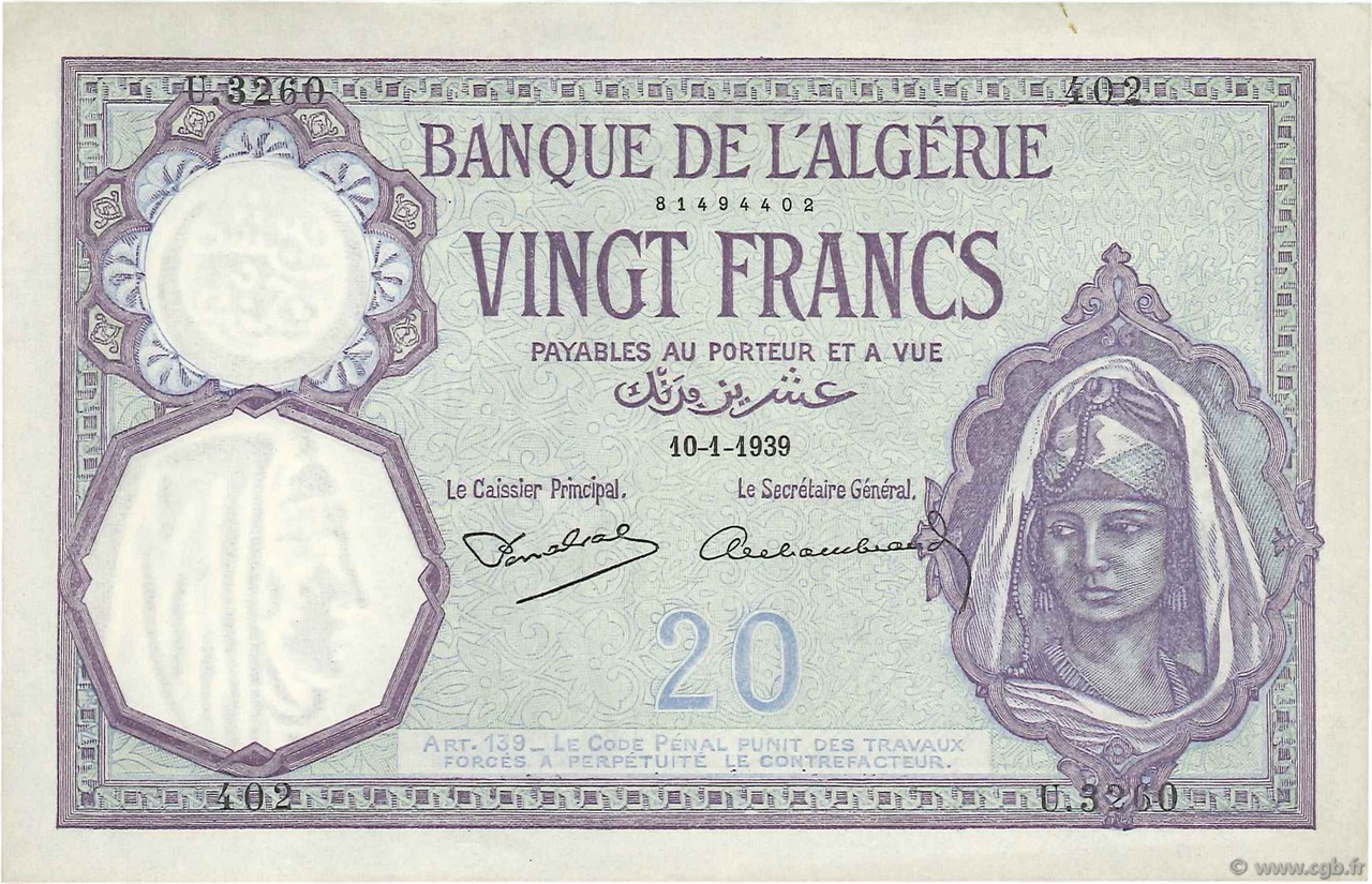 20 Francs ALGERIA  1939 P.078c XF+