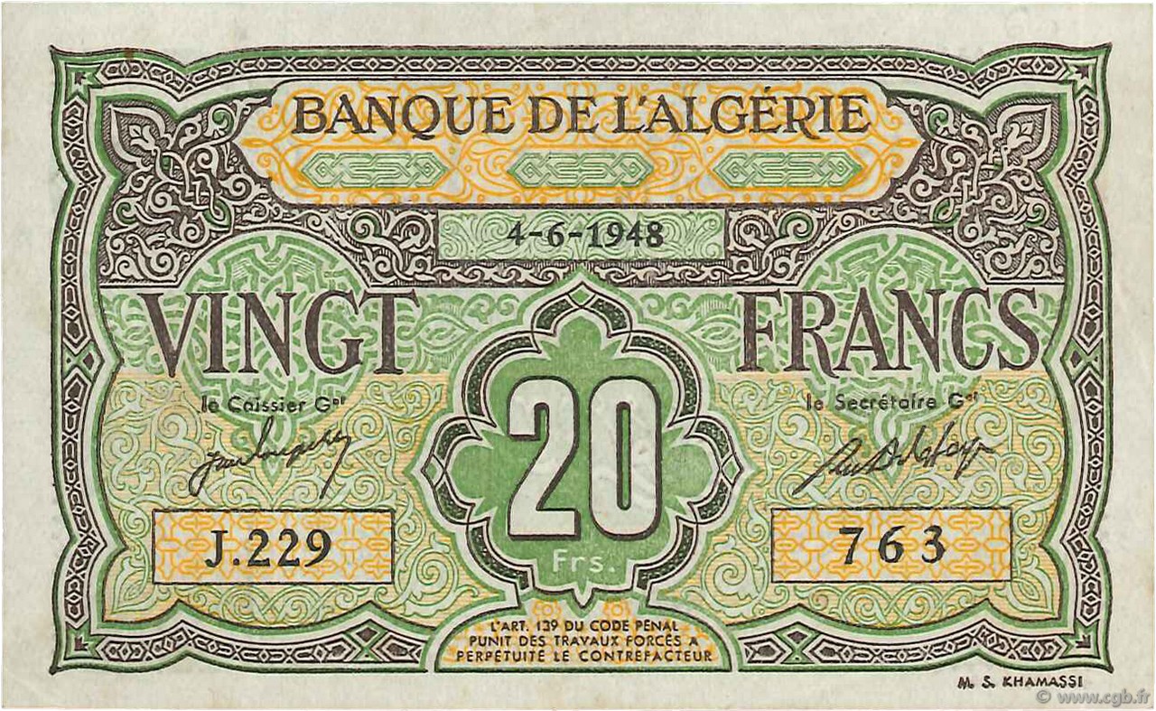 20 Francs ALGERIA  1948 P.103 SPL