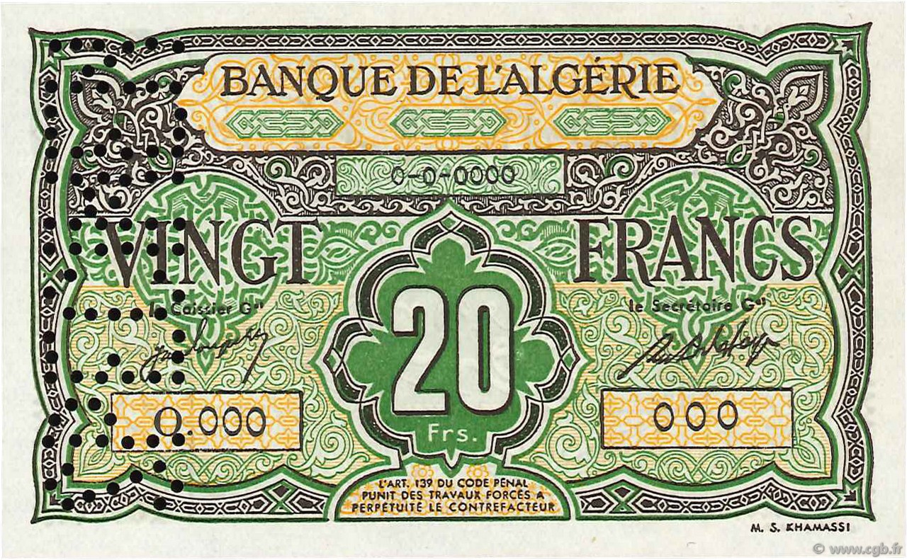 20 Francs Spécimen ALGERIA  1946 P.103s UNC