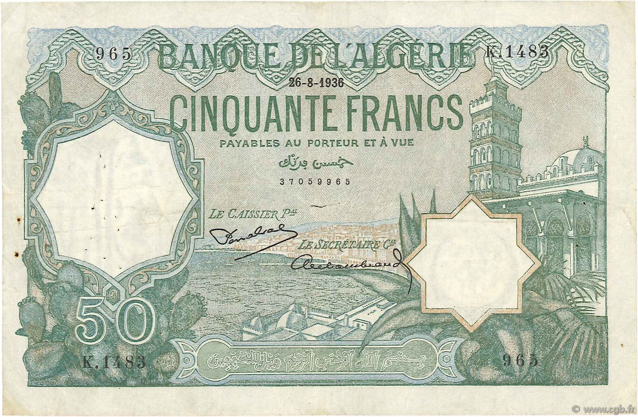50 Francs ALGERIA  1936 P.080 BB