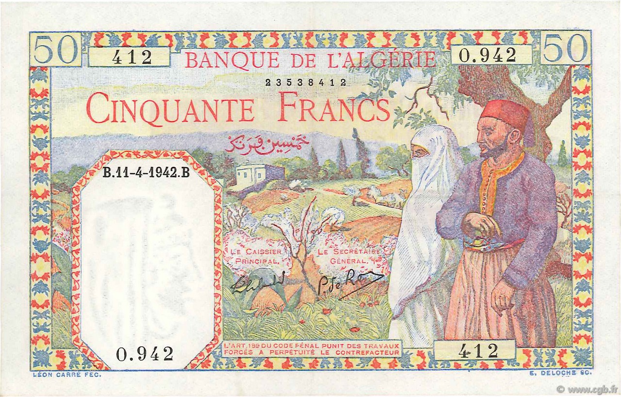 50 Francs ARGELIA  1942 P.084 FDC