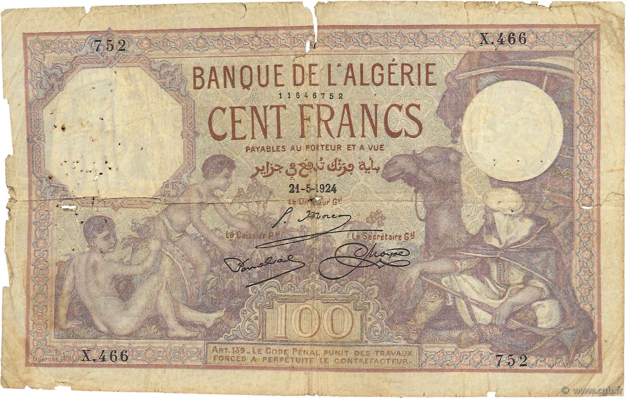 100 Francs ALGERIA  1924 P.081a G