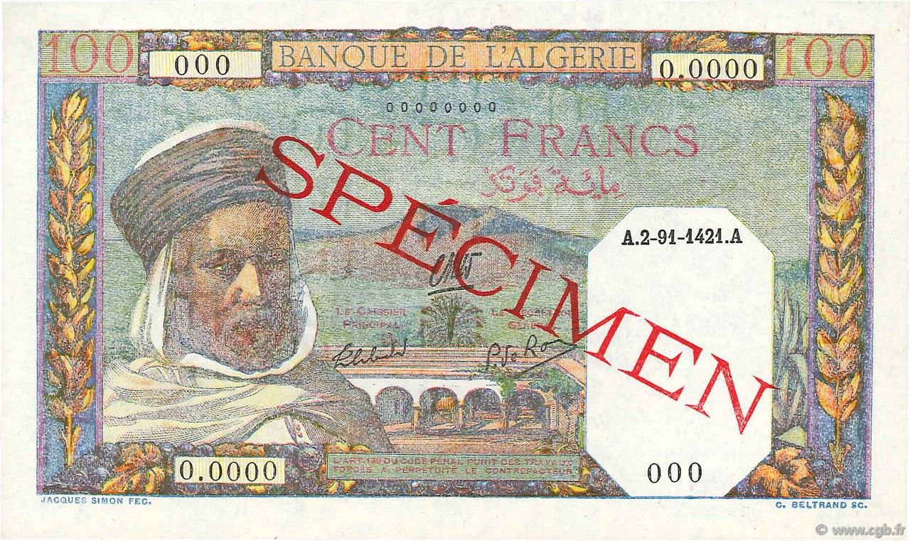 100 Francs Spécimen ALGERIA  1941 P.088s UNC
