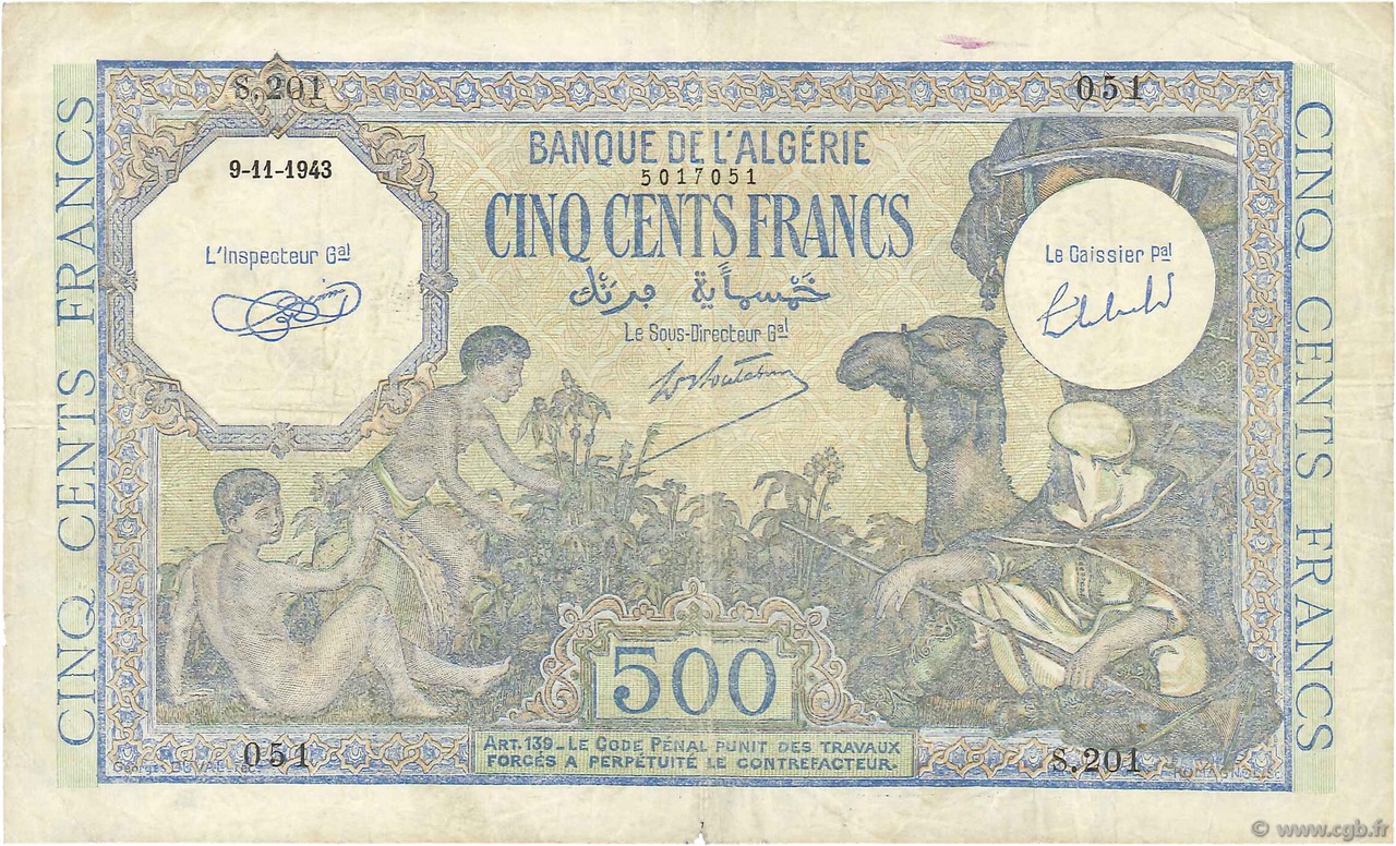 500 Francs ALGERIEN  1943 P.093 SS