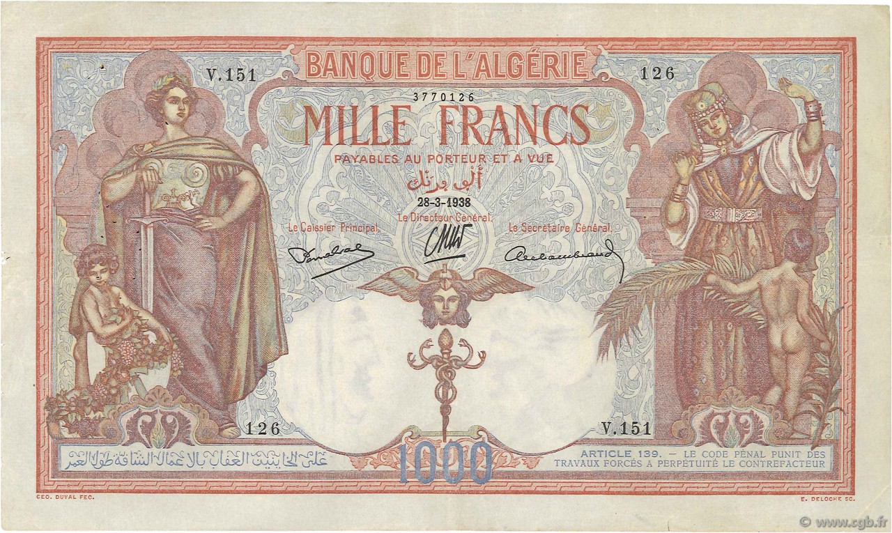 1000 Francs ALGERIEN  1938 P.083a fVZ
