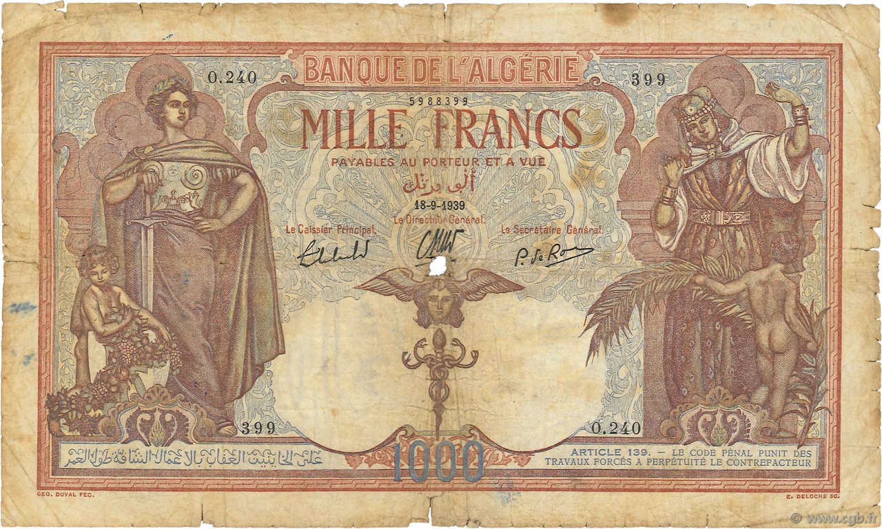 1000 Francs ALGERIA  1939 P.083a G