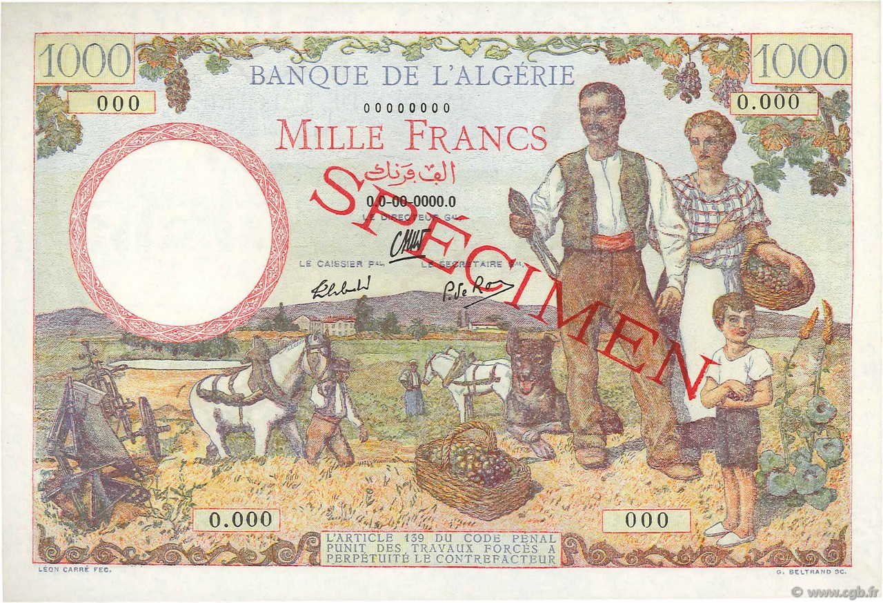 1000 Francs Spécimen ALGERIEN  1942 P.089s fST+
