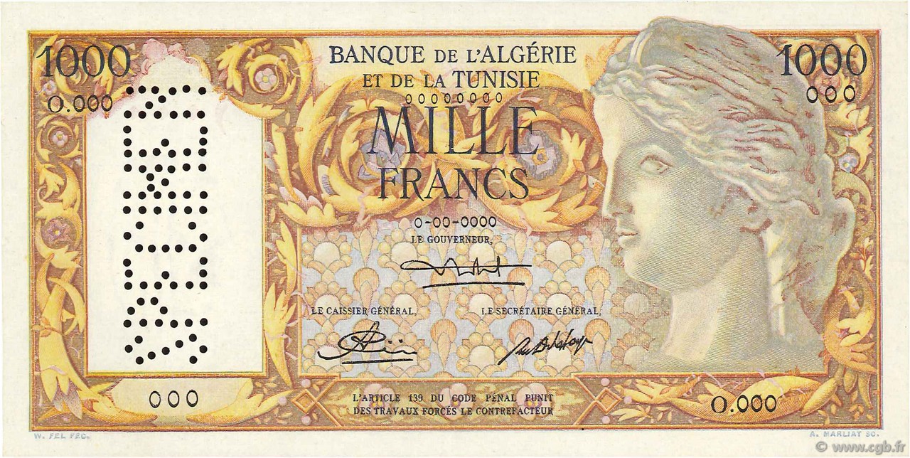 1000 Francs Spécimen ALGERIA  1950 P.107s AU-