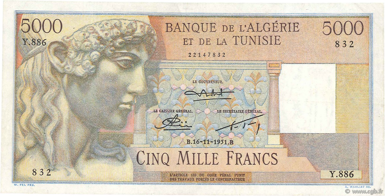 5000 Francs ALGERIA  1951 P.109b BB