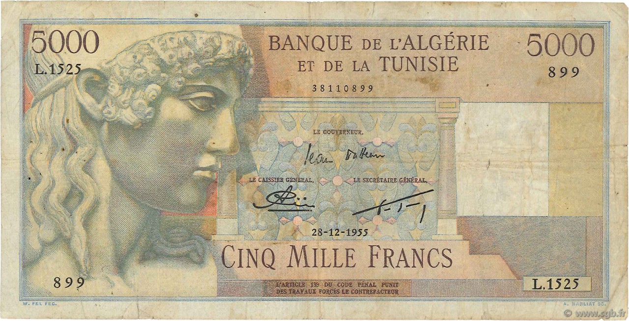 5000 Francs ALGERIA  1955 P.109b MB