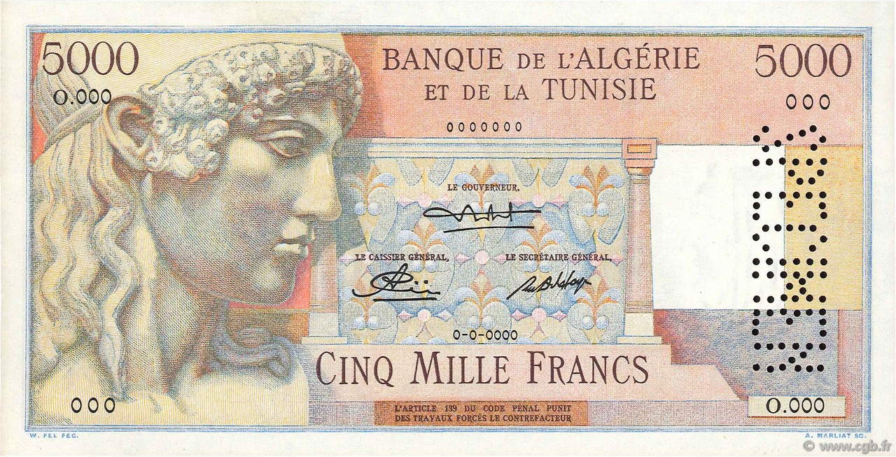 5000 Francs Spécimen ALGERIA  1949 P.109s UNC-