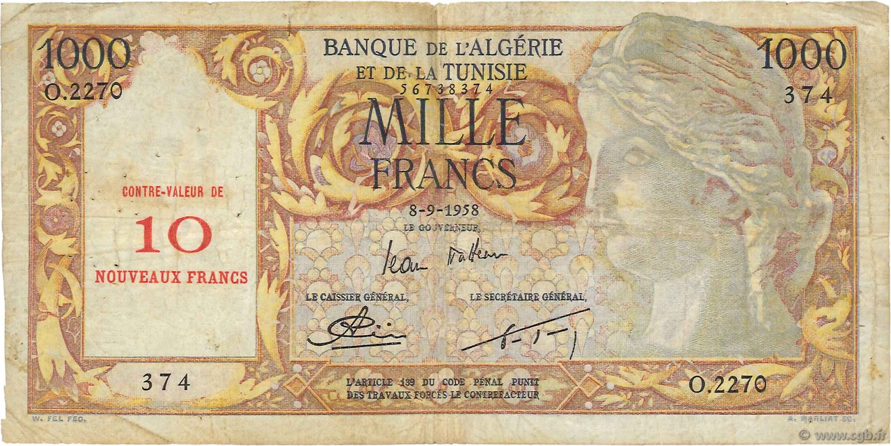 10 NF sur 1000 Francs ALGERIA  1958 P.112 F