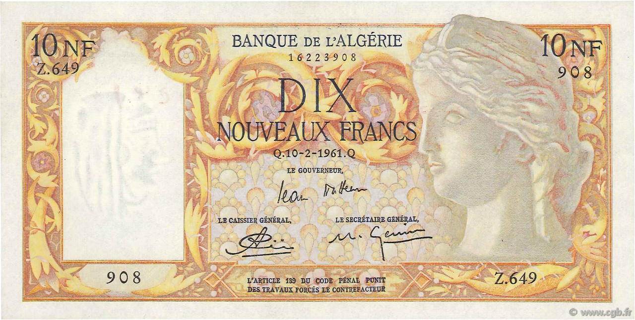 10 Nouveaux Francs ALGERIA  1961 P.119a XF+